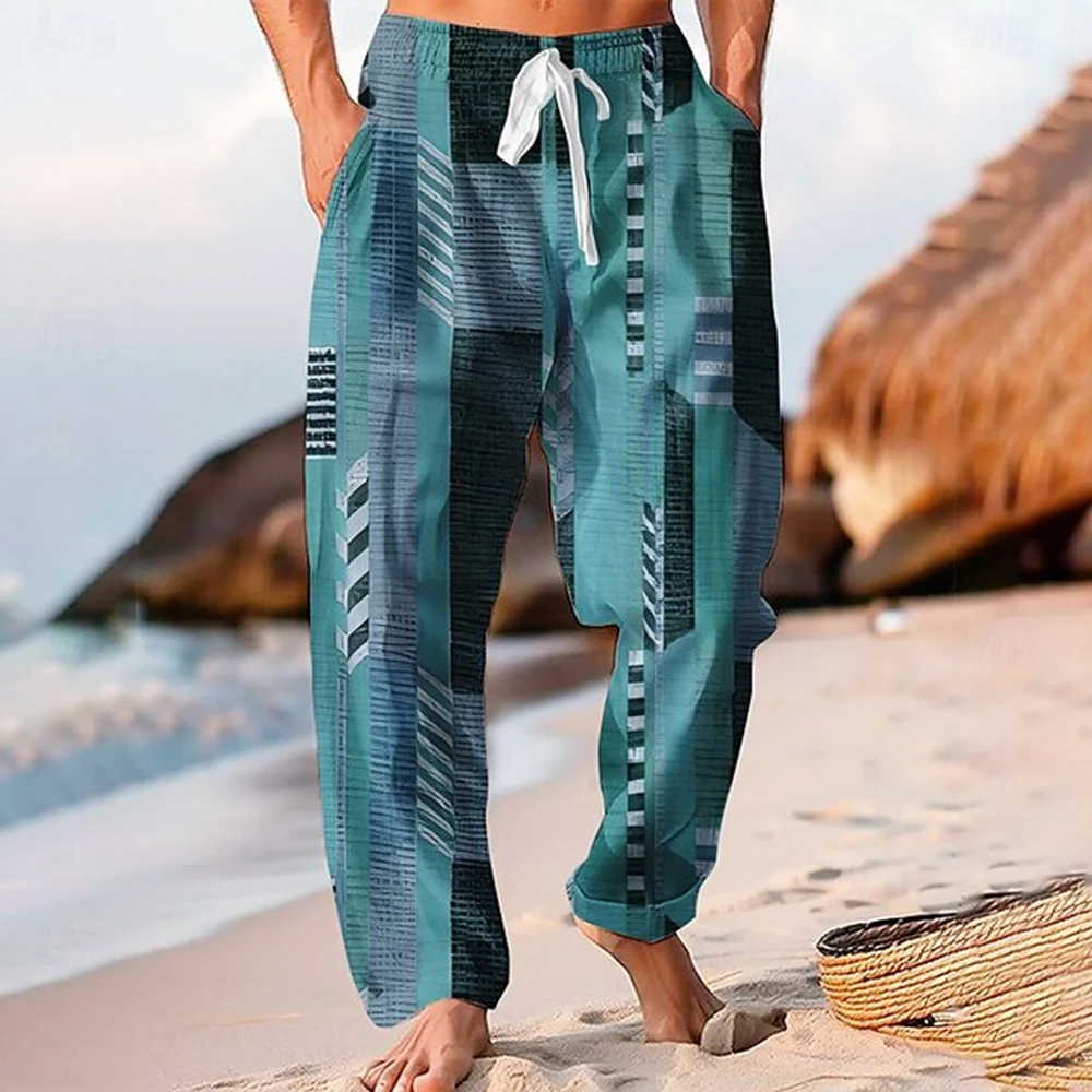 Men's Trousers Baggy Pants Casual Pants Wide Leg Color Block Patchwork Outdoor Vacation Holiday Hawaiian Casual Blue Pants