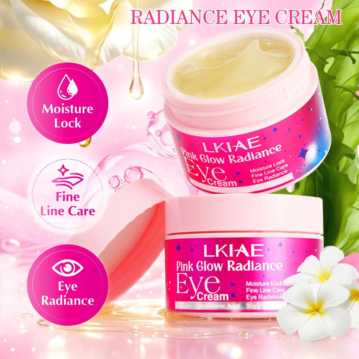 LKIAE Pink Glow Eye Cream, Brighten Under Eye Dark Circles, Pigmentation, Fade Wrinkles, Firming, Nourishing, for ALL Skin Type