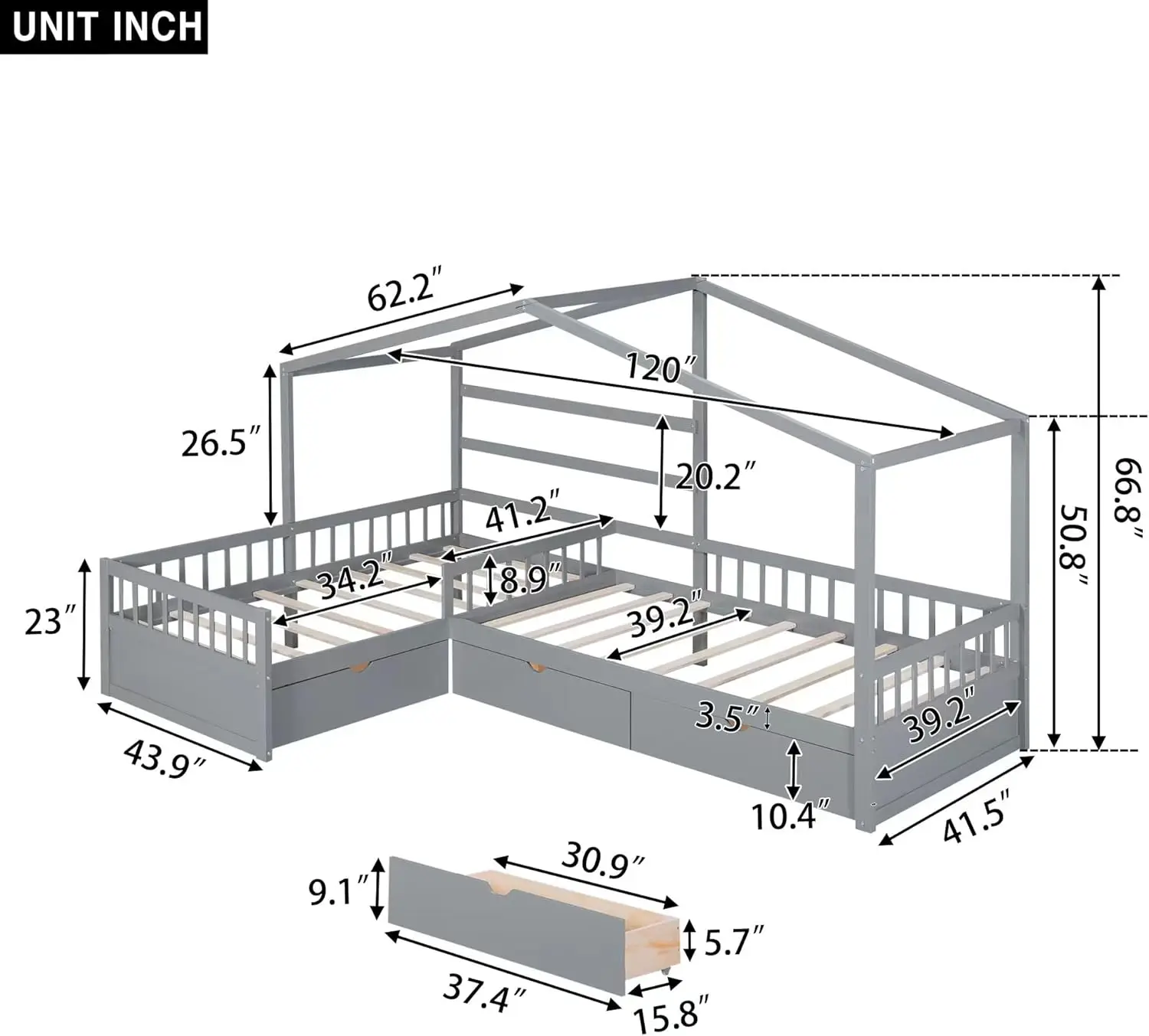 Bellemave L-Shape House Beds With Storage Drawers Two Twin Size Platform Bed Fence Railings Wood Corner Frame Montessori