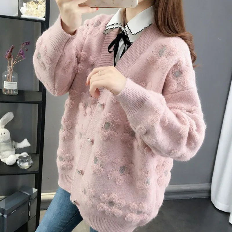 Autumn Winter Thicken Knitted Cardigan Female All-Match Loose Long Sleeve Single-Breasted Sweater Women Sweet Warm Cardigans