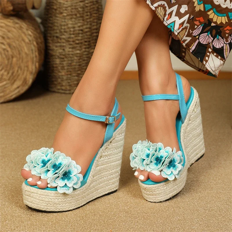 Eilyken Summer Fashion Flowers Open Toe Solid Weave Platform Wedges High Heels Women Sandals  Buckle Strap Shoes