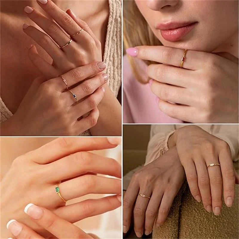 Gold Birthstone Rings for Women Dainty 14K Gold Plated Baguette CZ Green Gemstone Ring Personalized Jewelry Gift for Birthday