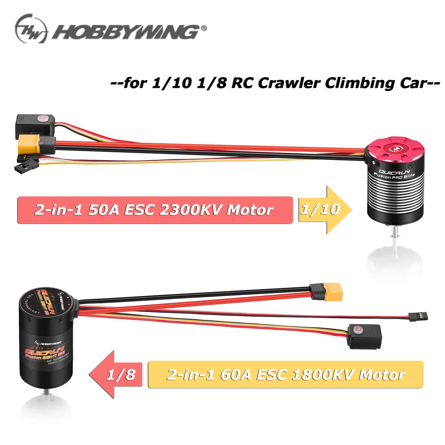 Hobbywing QuicRun Fusion Pro Elite 50A 2300KV and 60A 1800KV 2 in 1 Motor ESC FOC Integrated System For 1/10 1/8 RC Car Crawler