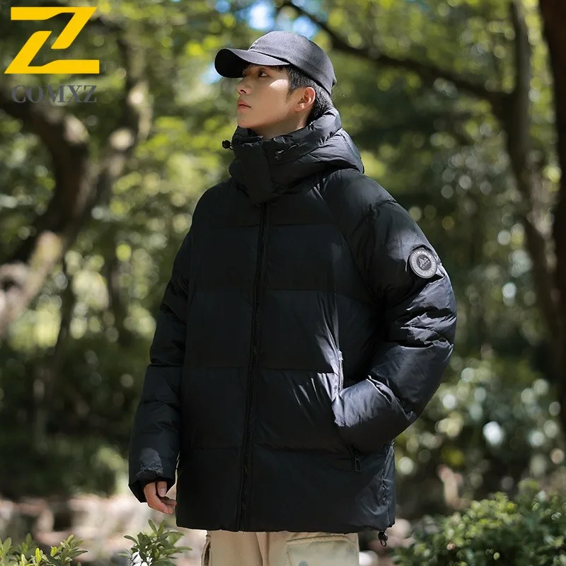 

COMXZ Men's Winter Jacket 2025 Loose Fashion Solid Color Hooded Walking Puffer Jacket Street Comfortable Outdoor Down Jacket