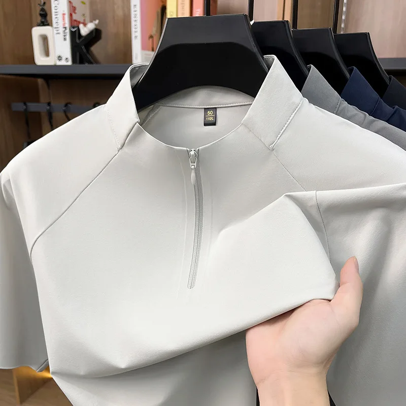 Stand-Up Collar Quick-Dry Ice Silk Cooling T-Shirt, New Summer Model, Seamless Nylon Half-Zip Sports Men's Short-Sleeve