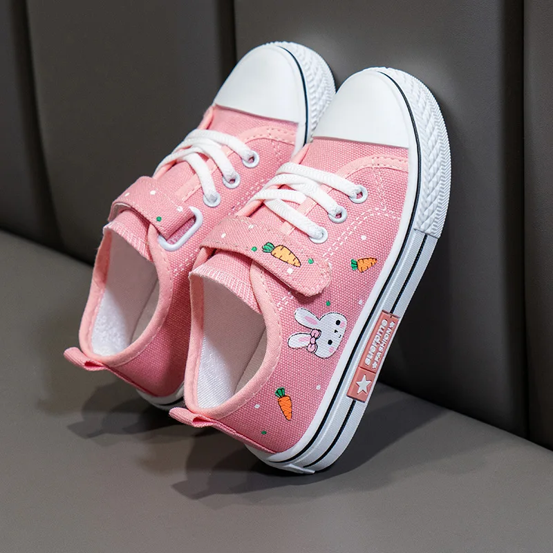 Spring Autumn Girl Cartoon Print Canvas Vulcanized Shoe Breathable Soft-soled School Sneaker Children Kids Lace-free Casual Shoe