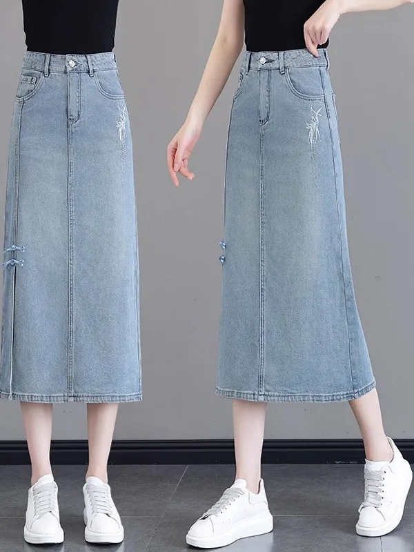 

New Chinese Sle High Waist A-Line Slit Buttoned Denim Skirt Women's Summer 2025 Mid-Length Bodycon Skirt