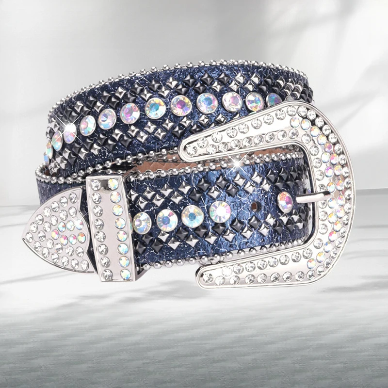 Western Cracked Pattern PU Leather Rhinestone Women Belt Fashion Rivet Design Belt for Mens
