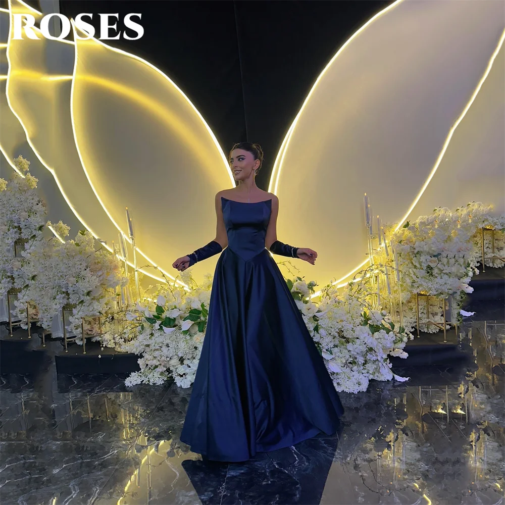 

ROSES Navy Blue Evening Dress Strapless Satin Formal Gown Floor Length Night Dresses Sleeveless A Line Prom Dresses Customized