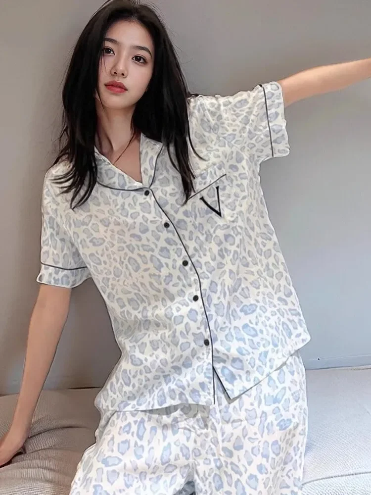 Victoria Tencel Soft Leopard Print Pajamas Set Short Sleeve Long Sleeve Pants Set Spring and Autumn Women\'s Home Clothes