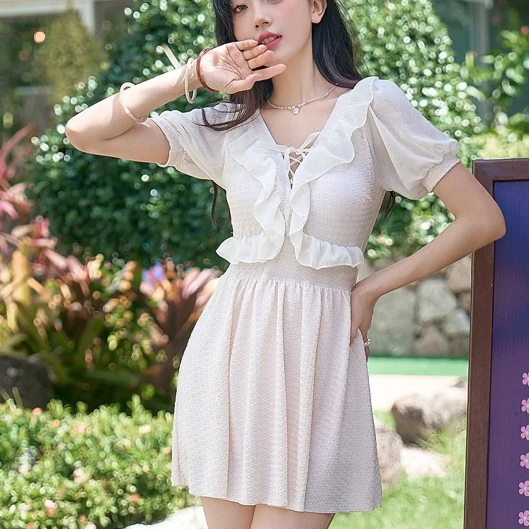 

Korea Monokini Women Swimwear Dress One Piece Swimsuit Solid White Ruffle Bathing Suit Sexy Beachwear 2025 New Summer Holiday