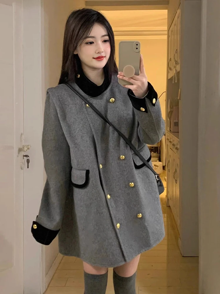

Серое шерстяное пальто женское демисезонное в корейском стиле, прямого кроя, с длинным рукавом, средней длины, однотонное