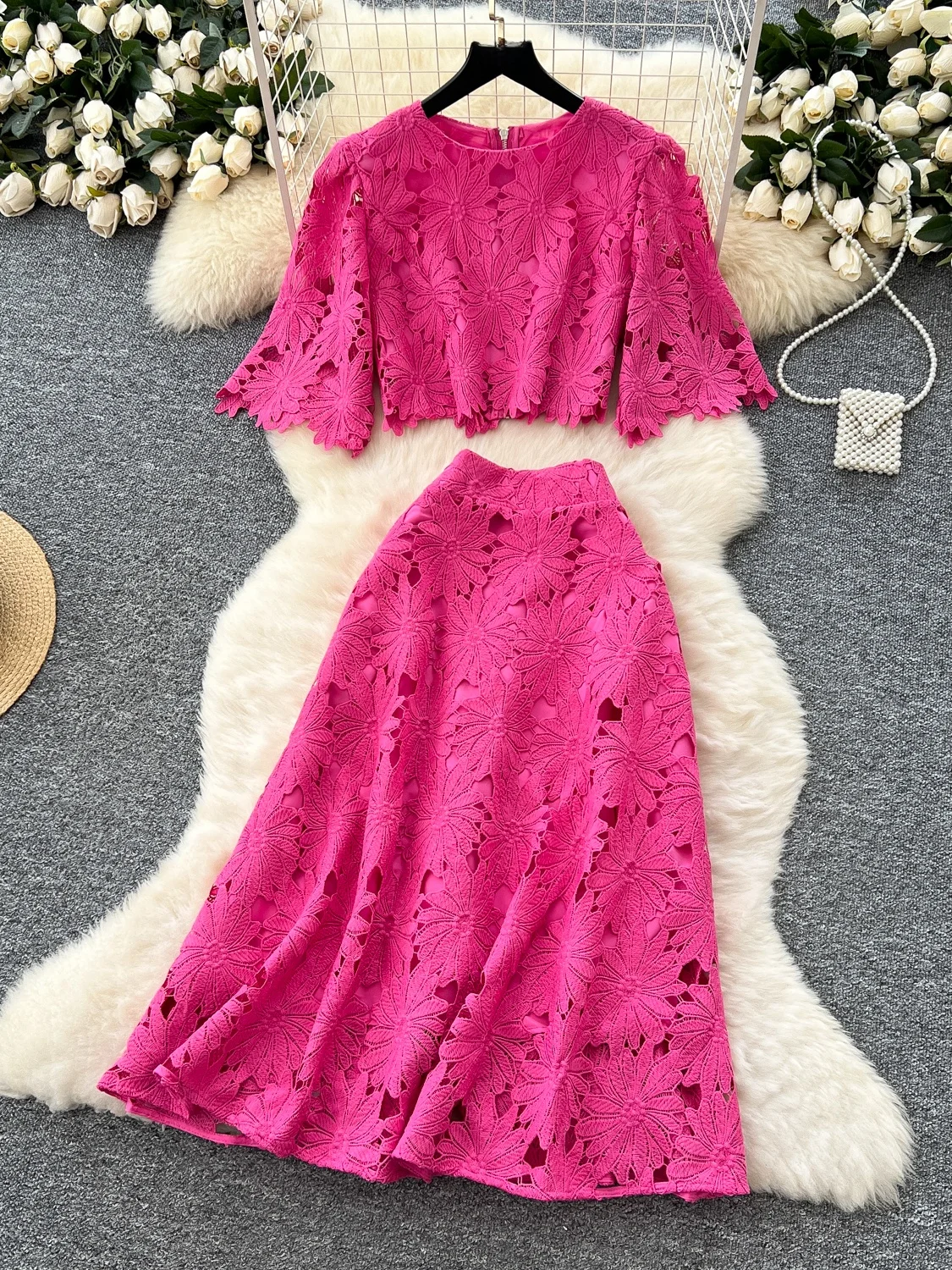 

Ele Lace Hollow out ort Sve irt And High Waist Skirt Women's Faion Summer Outfit Two-Piece Set