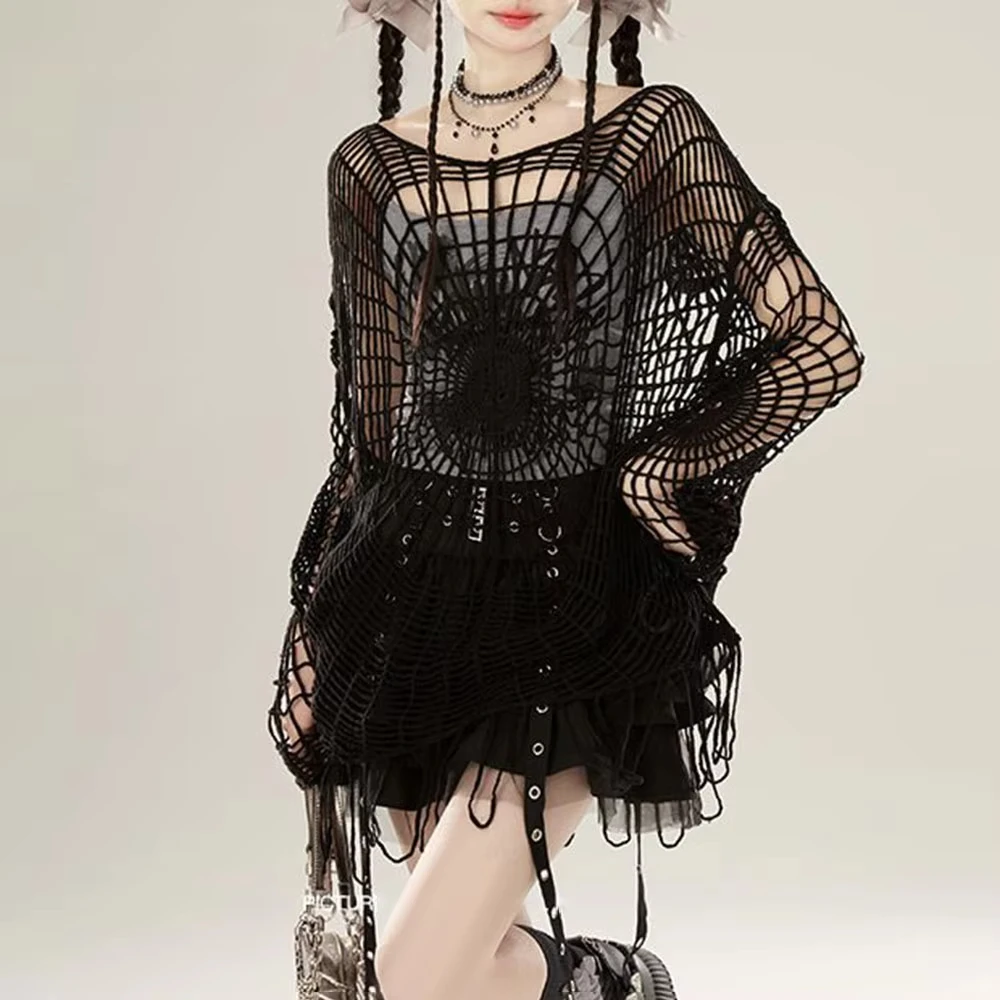 Y2k Spider Web Black Outer Sweater  New Casual Streetwear Layered Top Niche Personality Versatile Ripped Blouse Unisex
