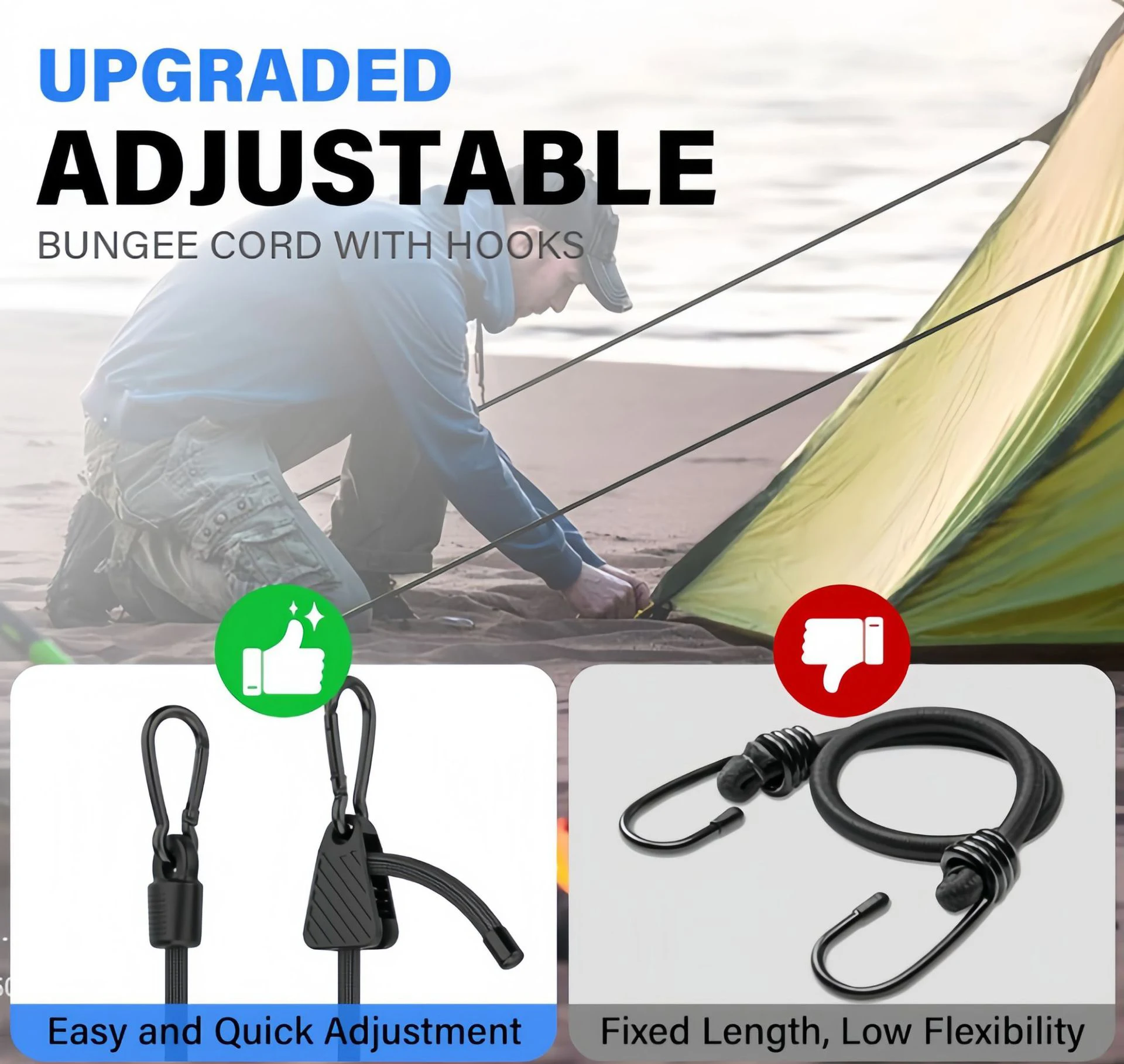 SEAMETAL 2 Stück robuste Gepäckverpackungsseile, elastisches Bungee-Seil, Befestigungsband mit Karabinerhaken für Radfahren, Camping, Outdoor – Detail 16