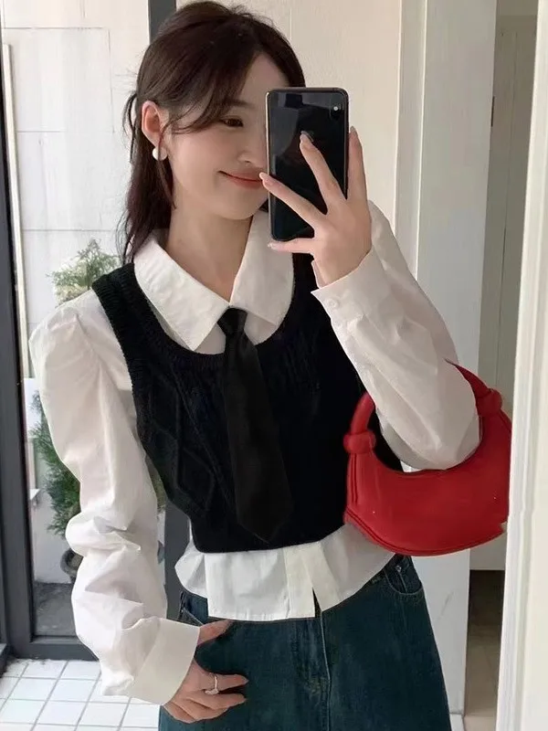 Short Knitted Strap Vest Women's Fashion Spring Autumn New Korean Style Layering Sweater Vest  Strap No Brand Pure Color