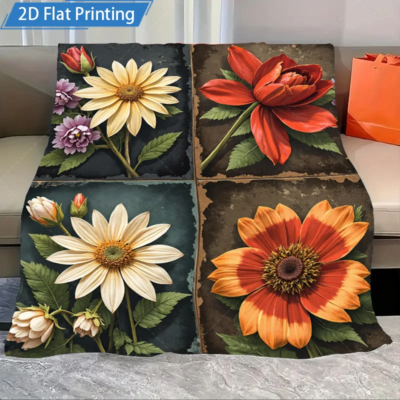 

1pc Flannel Blanket Floral Art Print Blanket 2D Flat Design Cozy Throw for Living Room Sofa Decor