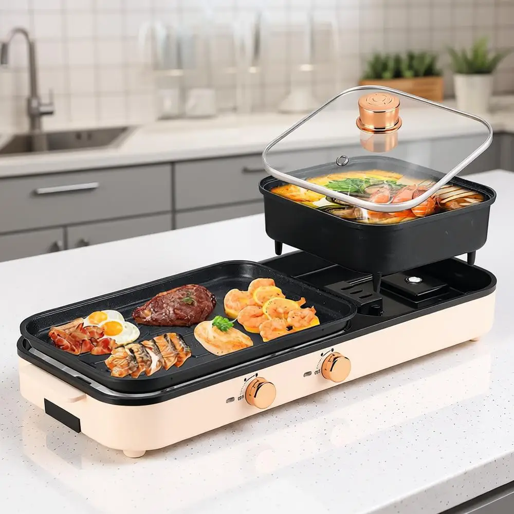 

Электрическая плита-гриль 2-в-1 для хот-пота и корейского барбекю, на 2-10 человек, бездымная, многофункциональная, для использования в помещении