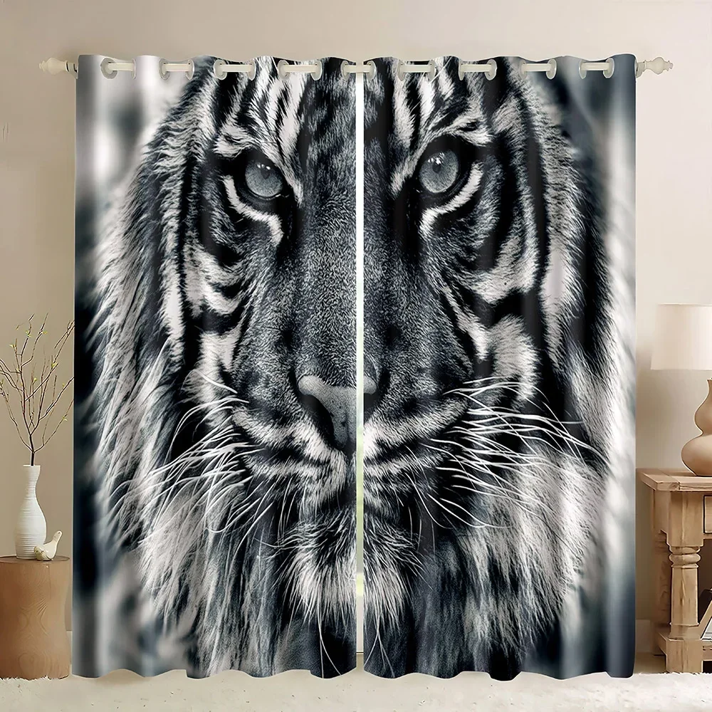 Grey Tiger Blackout Curtains Retro Room Decor,3D Bengal Tiger Head Animal Pattern Black Pattern Window Curtains Wildlife Theme