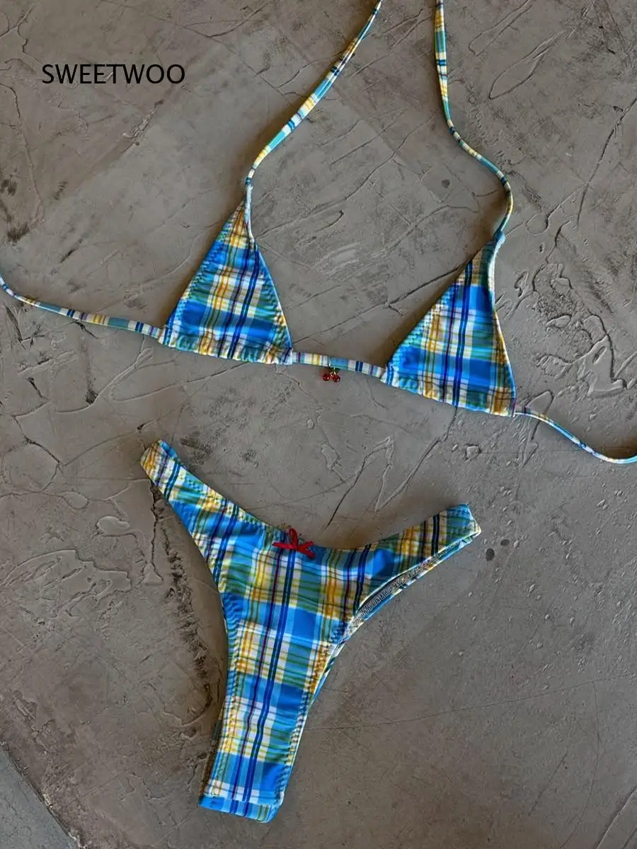 Women Two Piece Bikini Set Blue Plaid Print Halter Triangle Top Tie Side Bottom Bathing Suit For Summer Pool Seaside Vacation Be