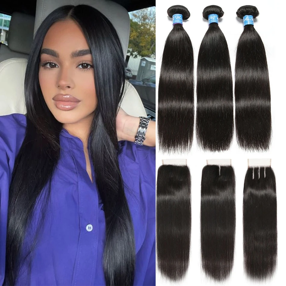 Alisky Brazilian Hair Human Hair Bone Straight Hair Bundles With Closure Remy Hair Extensions Human Hair Bundles With Closure