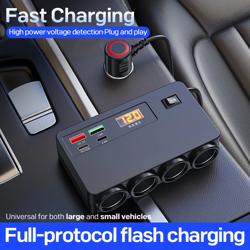 

Car Charger Cigarette Lighter Universal Multi-Functional 1-to-4 Ports 12V 24V with Voltage Display for Vehicle