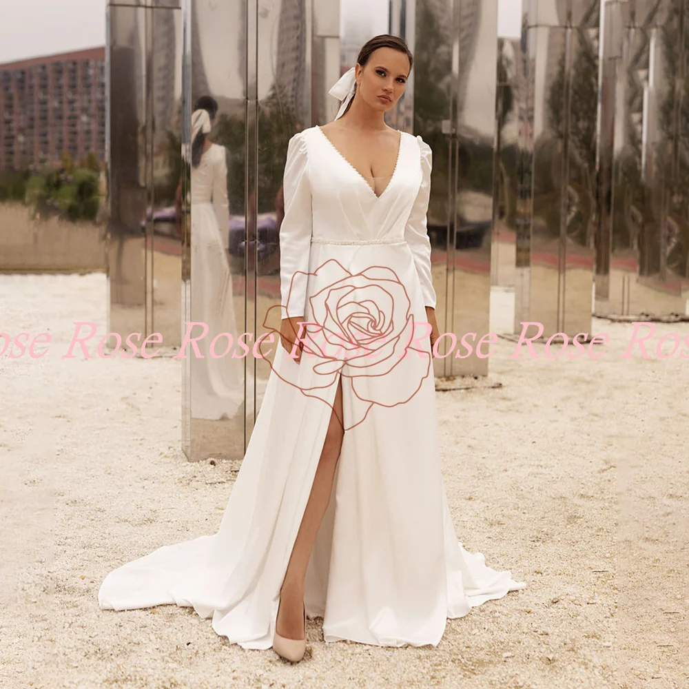 Furtanseo Modern A Line abiti da sposa 2023 lunghezza del pavimento Vestido De Novia spacco alto elegante o-collo raso bianco da sposa cresciuto