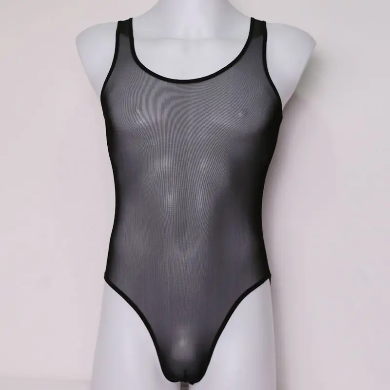 Mens Clothing Sexy Lingerie Elastic Thin Mesh Transparent Men Bikini Jumpsuit Night Club Show Sissy Gay Transparent Tank Tops