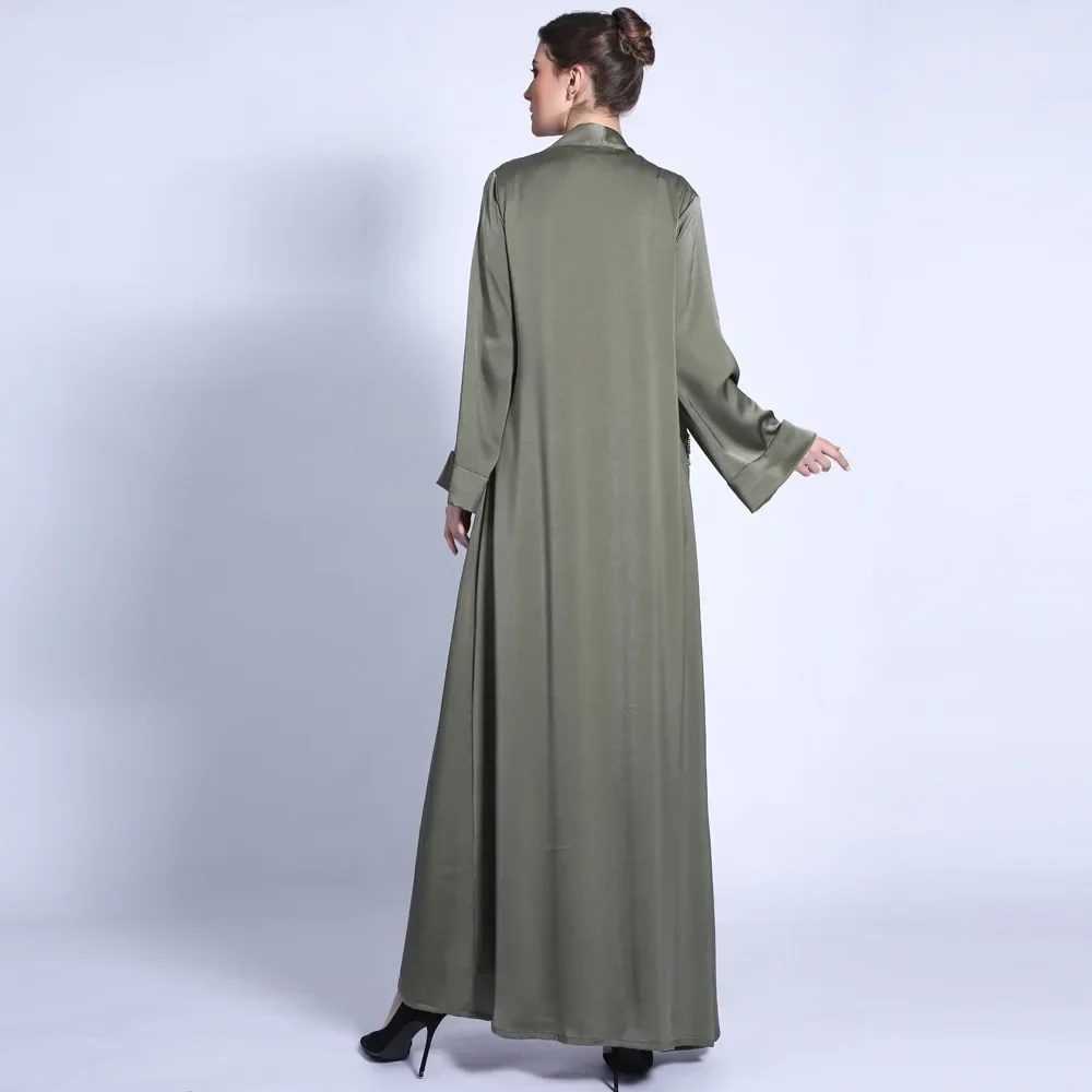 Robe à lacets pour femmes, couleur unie, poignets larges, pompon, poche en diamant, vêtements islamiques, dubaï, Robe saoudienne, Cardigan en Satin, Abaya musulmane
