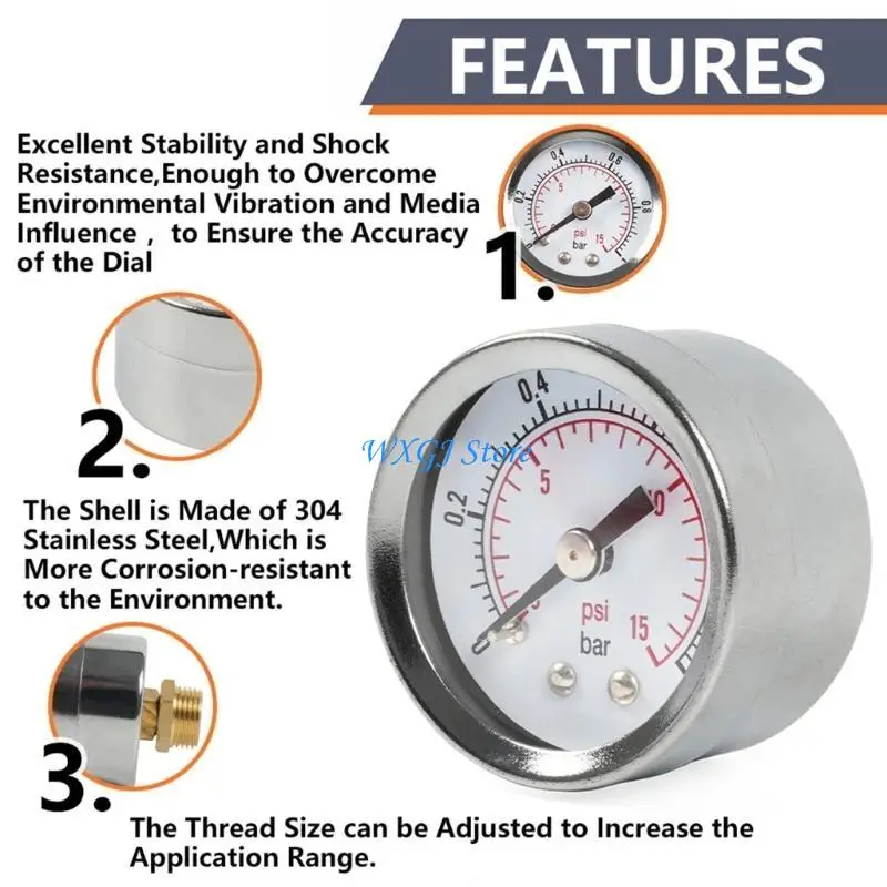 

37JE Universal 0-15PSI 0-1Bar Stainless Steel Pressure Gauge and Adaptor