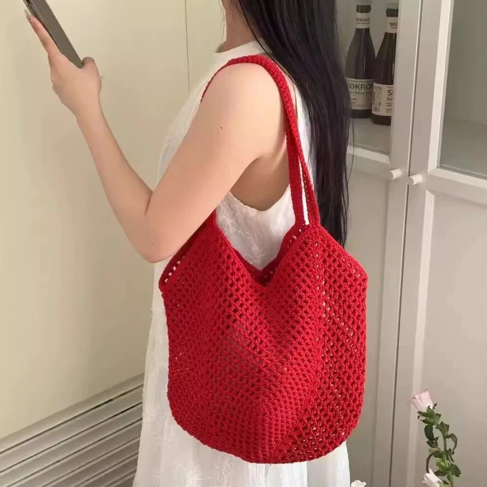 Koreanischer Stil, lässiger Stil, große Kapazität, retrorote gestrickte Tragetasche, vielseitige Nischentasche im Urlaubsstil, gewebte Tasche, Damentasche – Detail 1