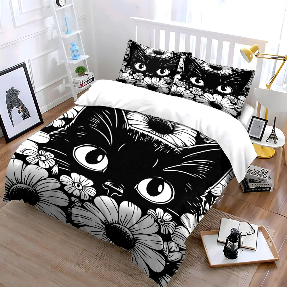 Focused black cat in flowers Bedding Set for Kids Luxury Gift 3pcs Digital Print Comforter Set Soft Comfortable Breathable