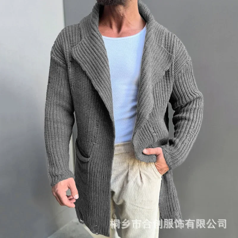 Vintage Casual Mens Knitted Cardigan Jacket Spring Autumn Lapel Pocket Hooded Knit Coats Design Trendy Outerwear Sweatercoats