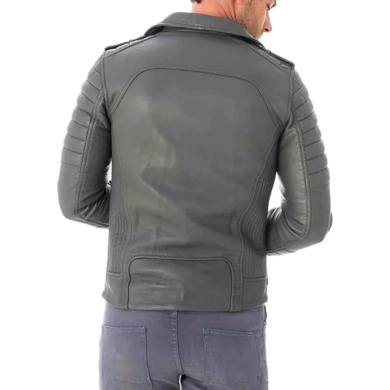 Men's 100% Grey Studded Genuine Sheepskin Leather Jacket Soft Quilted Biker Coat