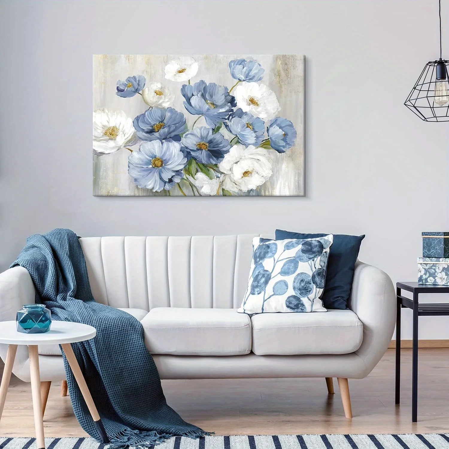 1PC Blue Flower Picture Wall Decor White Flower Wall Art for Living Room Canvas Framed Artwork Paintings Home Decoration