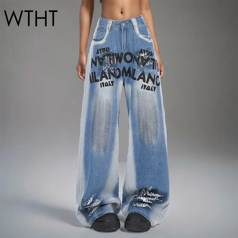 

WTHT 2025 Summer Trendy Women's Letter Graffiti Design Wash Wide Leg Jeans High Waist Straight Denim Pants Female 1LS2083