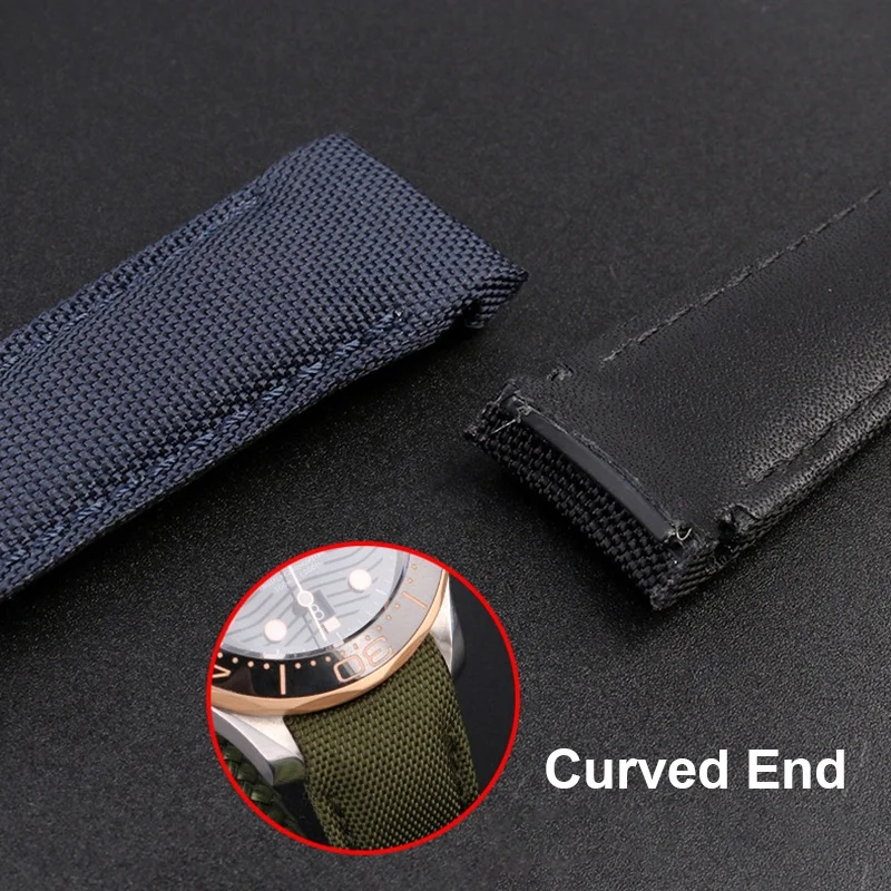 20mm 22mm Nylon Watch Strap for Omega Seamaster 300 Replacement Belt Bracelet Curved End Leather Strap with Butterfly Buckle