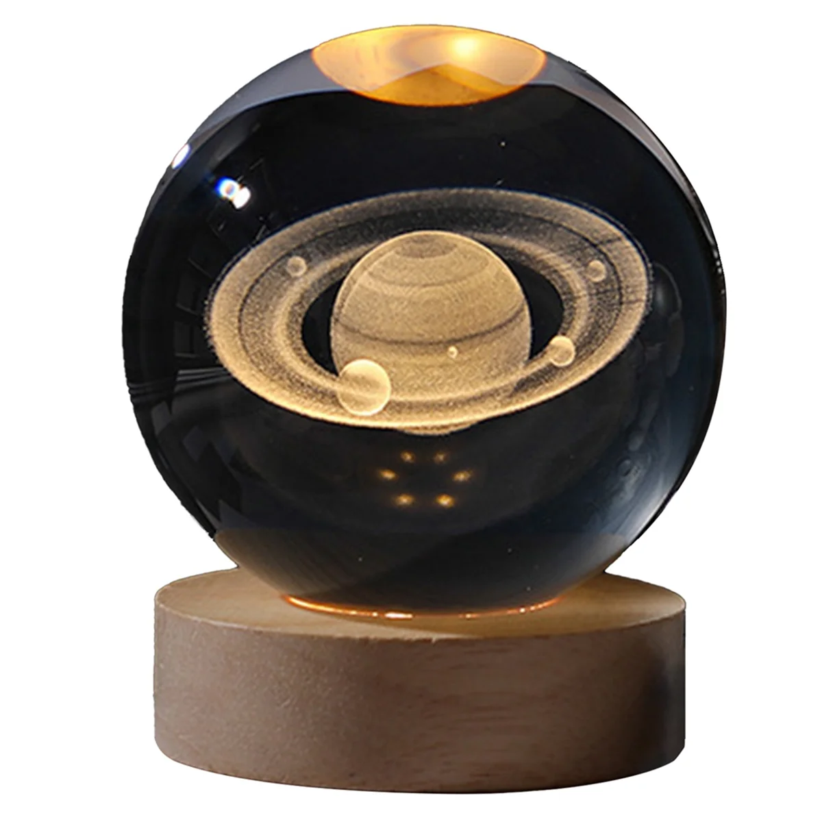 Crystal Color Night Light with Carved Crystal Ball Inside, Luminous Ornament, Starry Gift with Wooden Base,Saturn