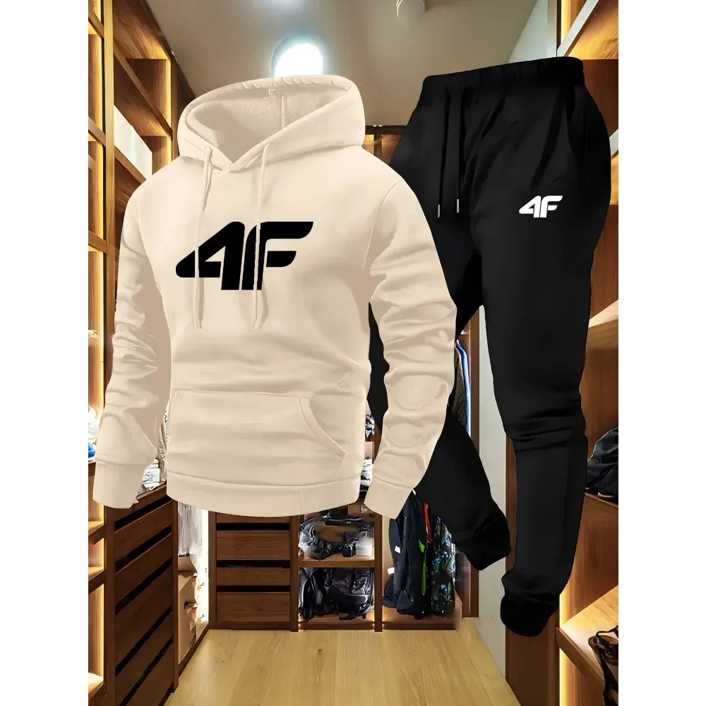 Men's Raglan sleeve hoodie, 4F printed two piece set, casual, versatile, trendy