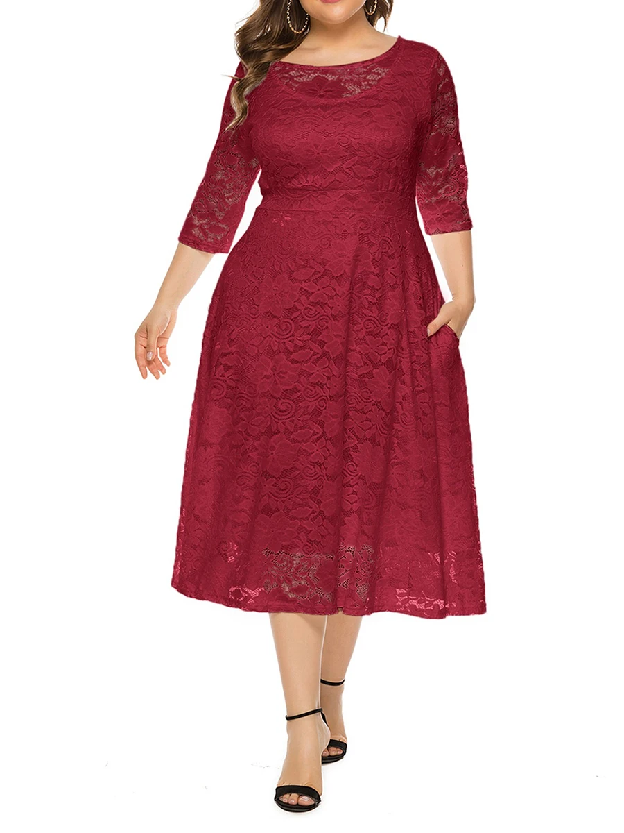 Sukienka midi z koronki w kwiaty, z kieszeniami, rękawami 3/4, dekoltem okrągłym, plus size, idealna na plażę, imprezę lub wieczór, zwiewna.