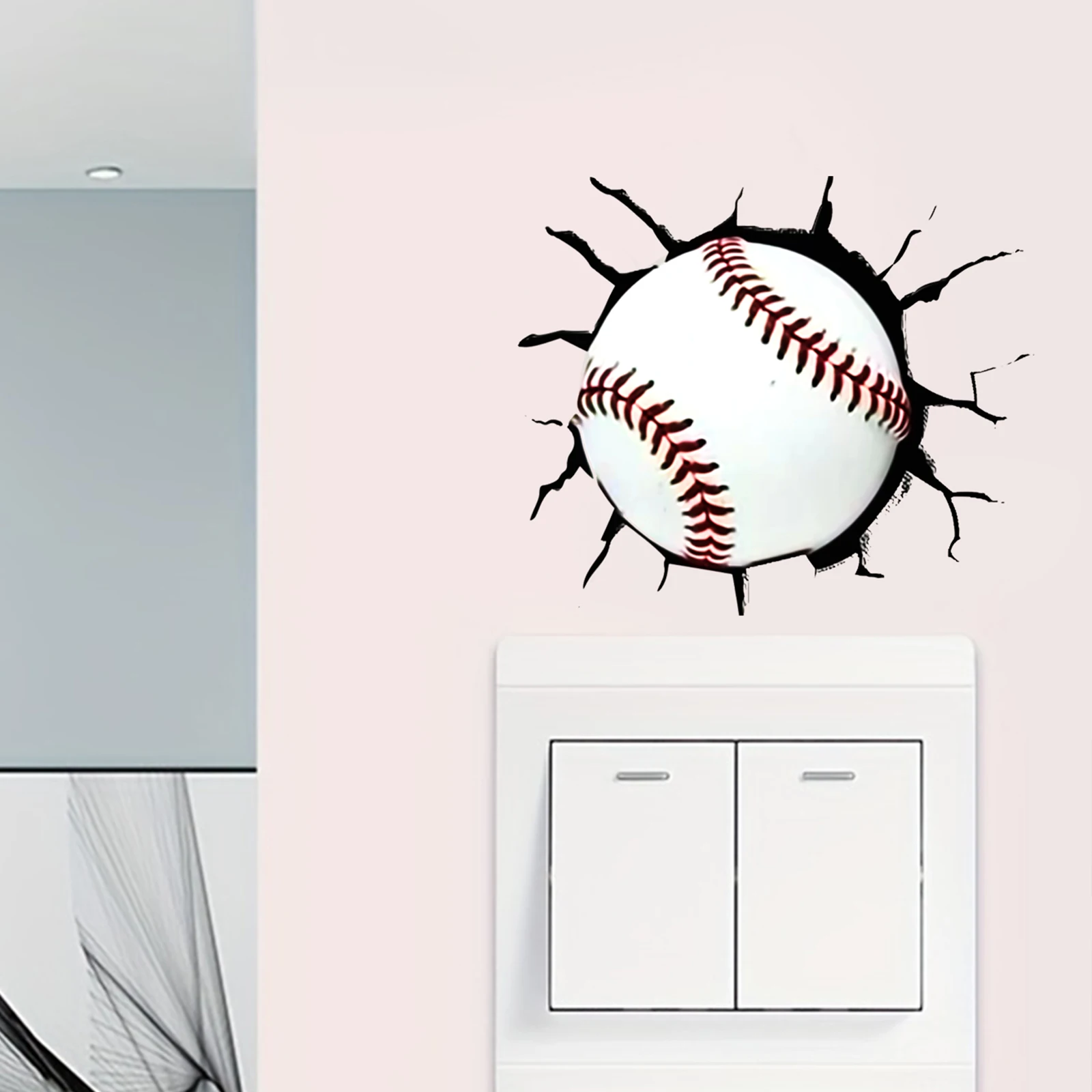 1pc Baseball Wall Sticker Creative Broken Wall Baseball Fly Out Switch Sticker Waterproof Self-Adhesive Decorative Sticker