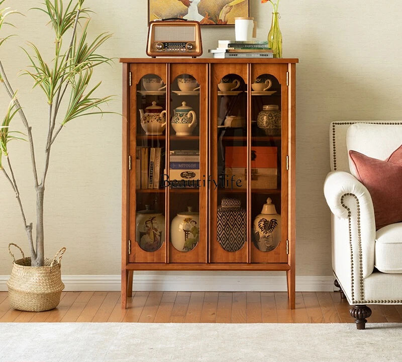 

Log solid wood dining side cabinet rattan glass porch retro locker