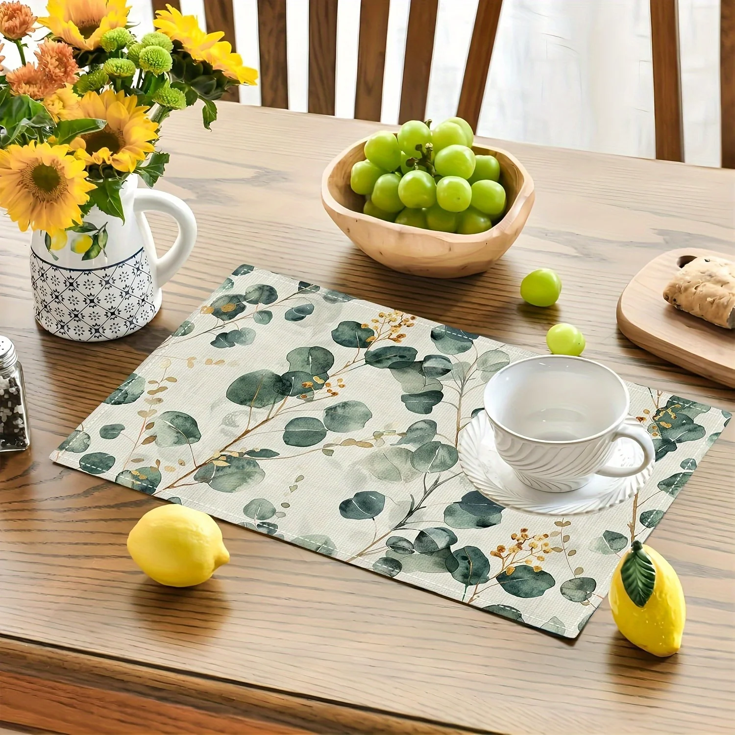 1-Piece Eucalyptus Watercolor Print Placemat, Rectangular Table Mat, Durable & Easy To Clean, Home Dining Table Decor