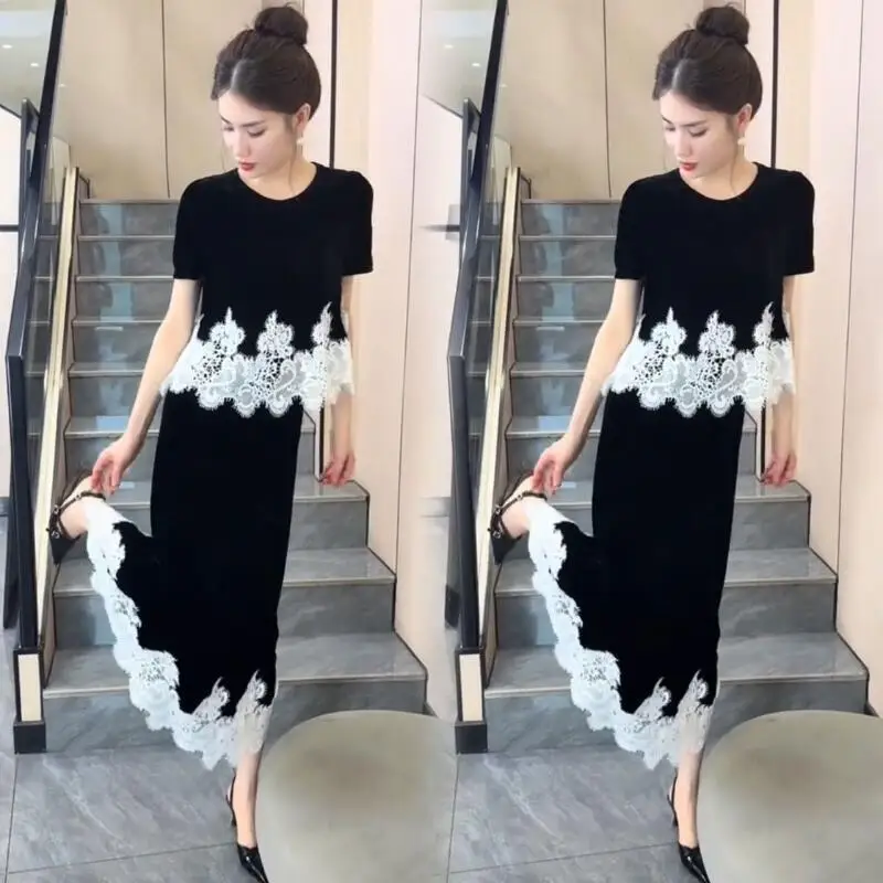 Hot 2026 Spring Summer New Women Short Sleeve Style High End Velvet Large Set Lace Splicing Design Fashion Versatile Tops Skirt