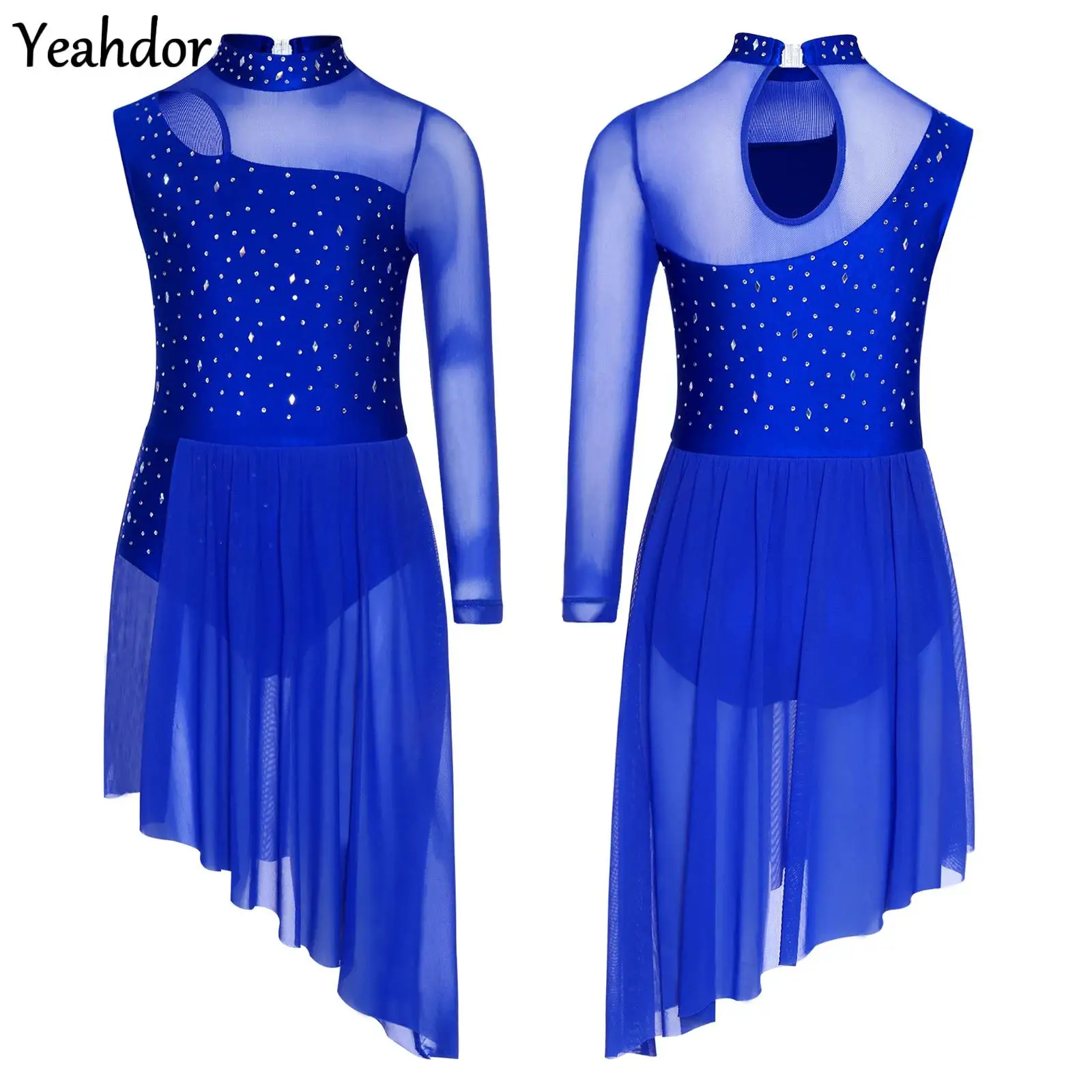 

Girls Lyrical Dance Dress Asymmetrical Side Split Sheer Mesh Rhinestones Gymnastics Ballet Skating Contemporary Dance Costumes