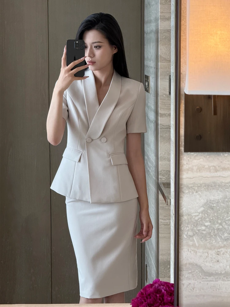 

Деловой повседневный костюм с юбкой до колен и пиджаком на двух пуговицах, женский, модный, элегантный, приталенный, для празднования Нового года