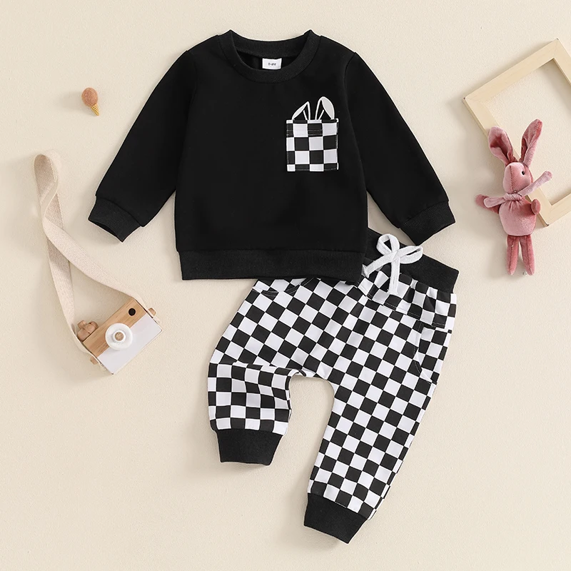 Tenue élastique à manches longues et col rond pour bébé garçon, imprimé lapin en damier mignon, vêtements pour tout-petits, pull et pantalon avec poche, 2 pièces