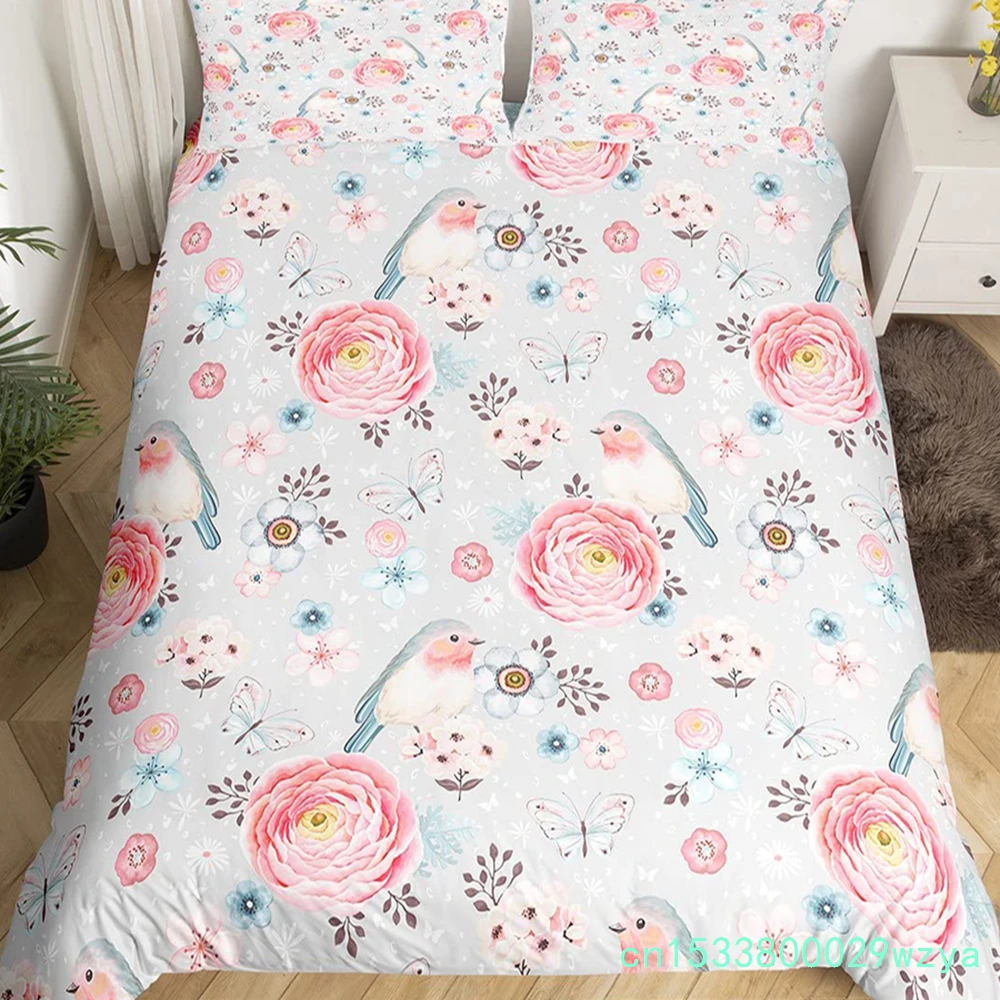 Lovely Bird Duvet Cover Set King Size Spring Floral Butterfly Bedding Set Microfiber Watercolor Garden Flower Comforter Cover