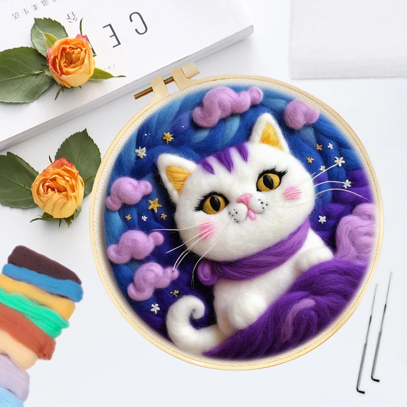 CHENISTORY Creative Felting Painting White Cat Wool Embroidery Kit Animals For Beginner Diy Wool Needle Felt Picture Kit Craft