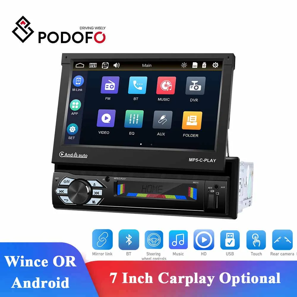 

Podofo 1din Car Radio GPS Navigation CarPlay 7" Retractable Screen 1 Din Multimedia Player Universal Audio Video Stereo Receiver